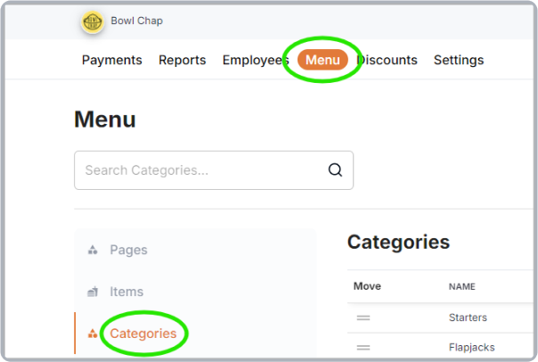 Navigating to the categories section