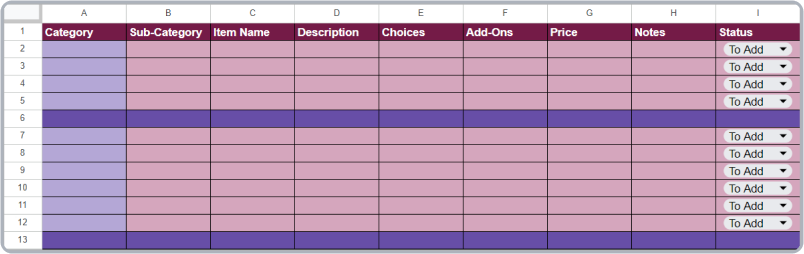 Menu data spreadsheet